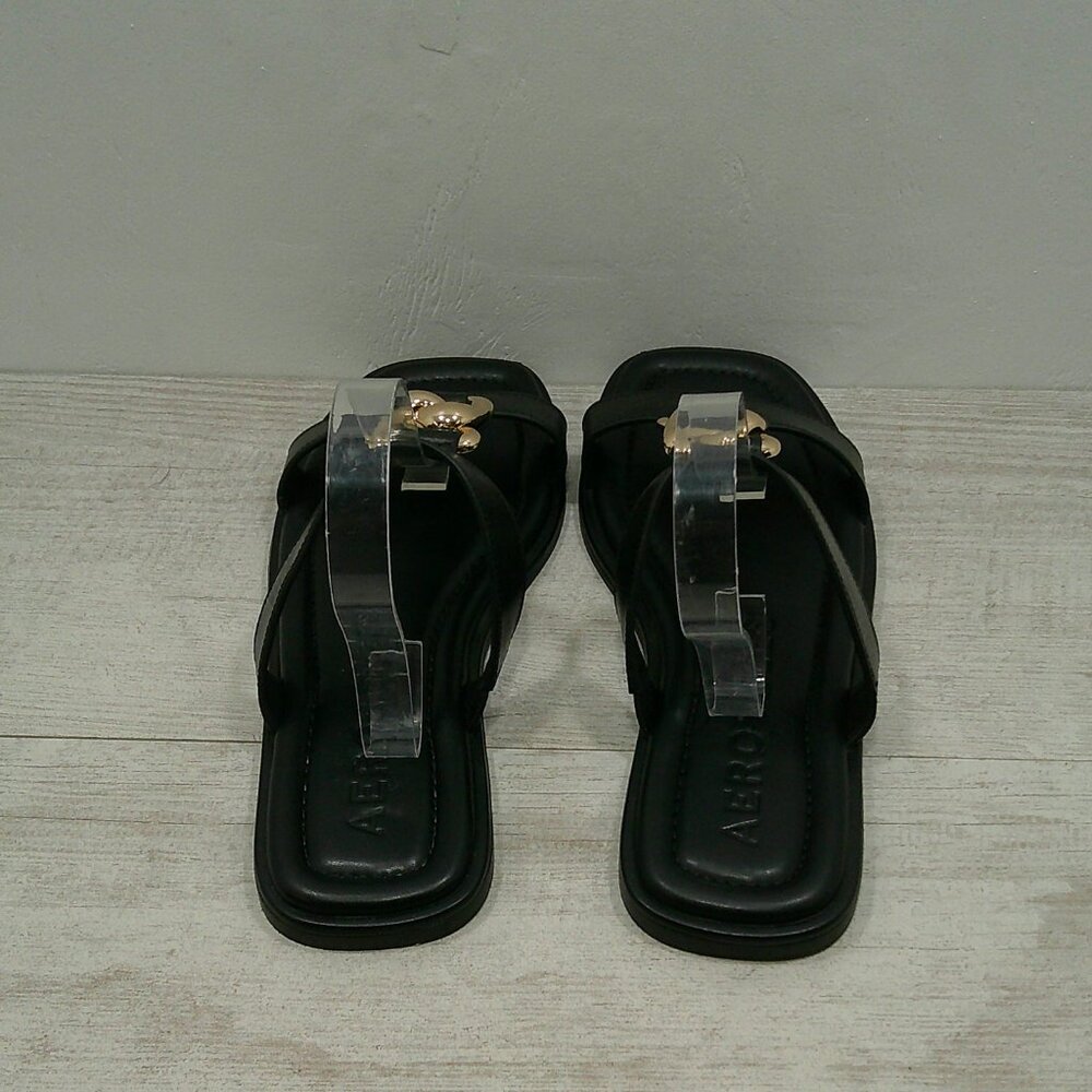 Aerosoles Boston Women's Black Leather Flat Sandals with Chain Detail Size 9.5 M - Picture 6 of 9
